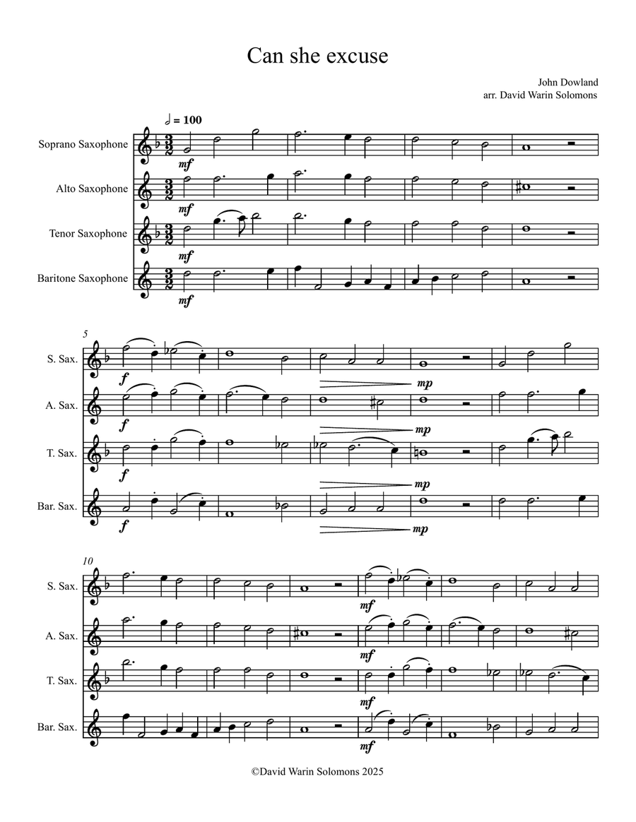 Can she excuse my wrongs (John Dowland) arranged for saxophone quartet Saxophone Quartet scores gallery preview page 1