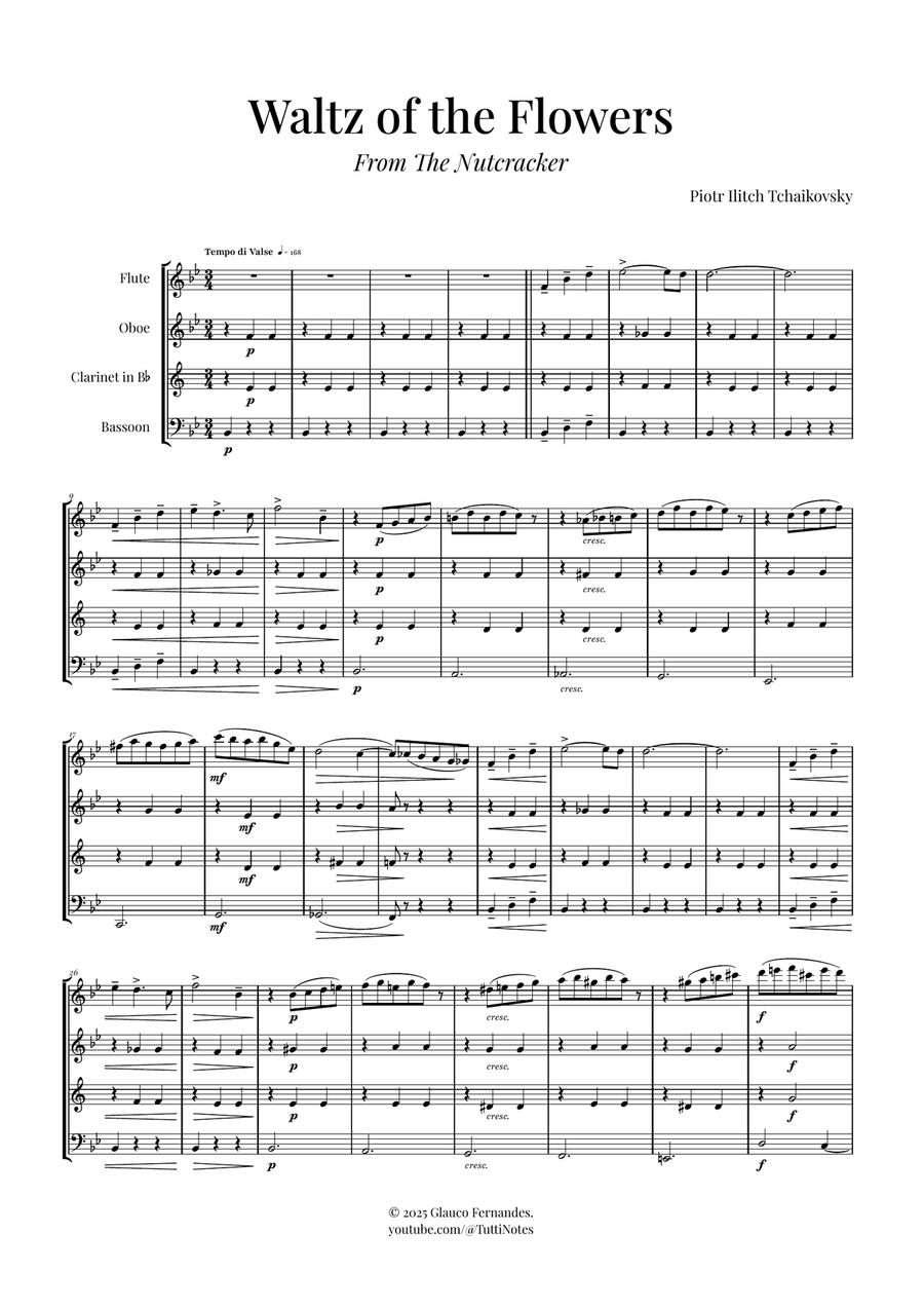 Waltz of the Flowers by Tchaikovsky | ENCHANTING Sheet Music Woodwind Quartet scores gallery preview page 1