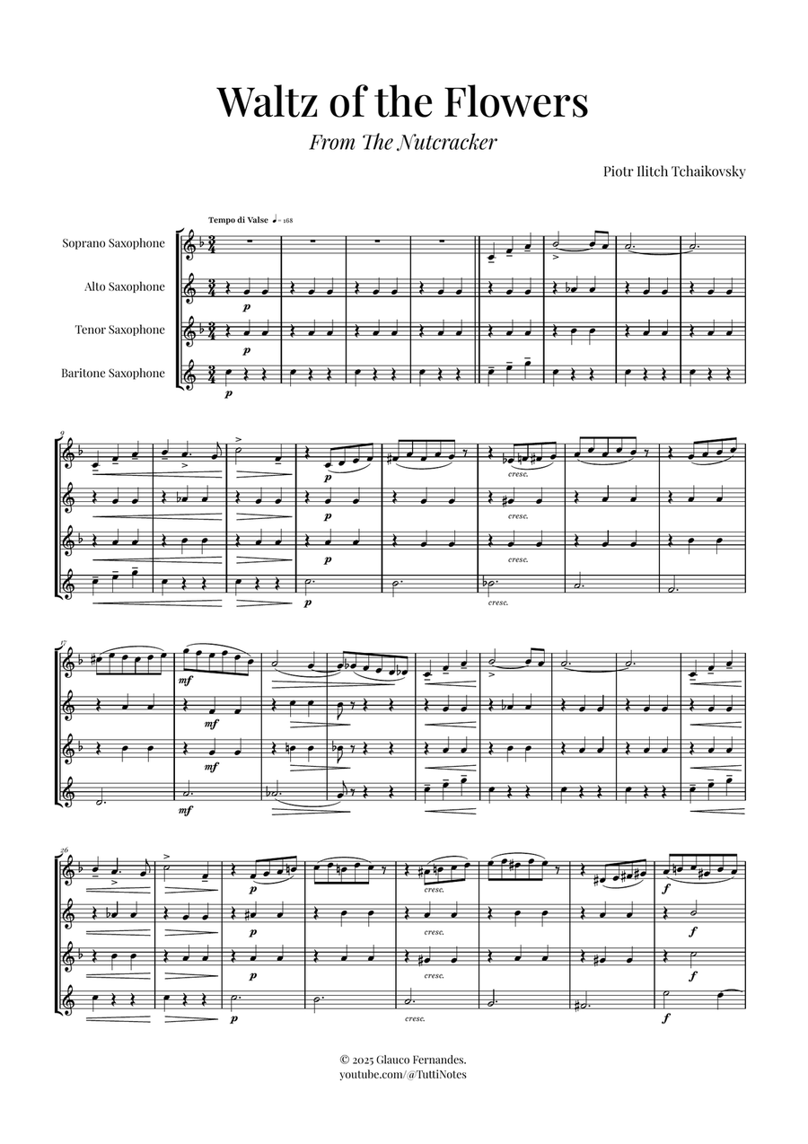 Waltz of the Flowers by Tchaikovsky | ENCHANTING Sheet Music Saxophone Quartet scores gallery preview page 1