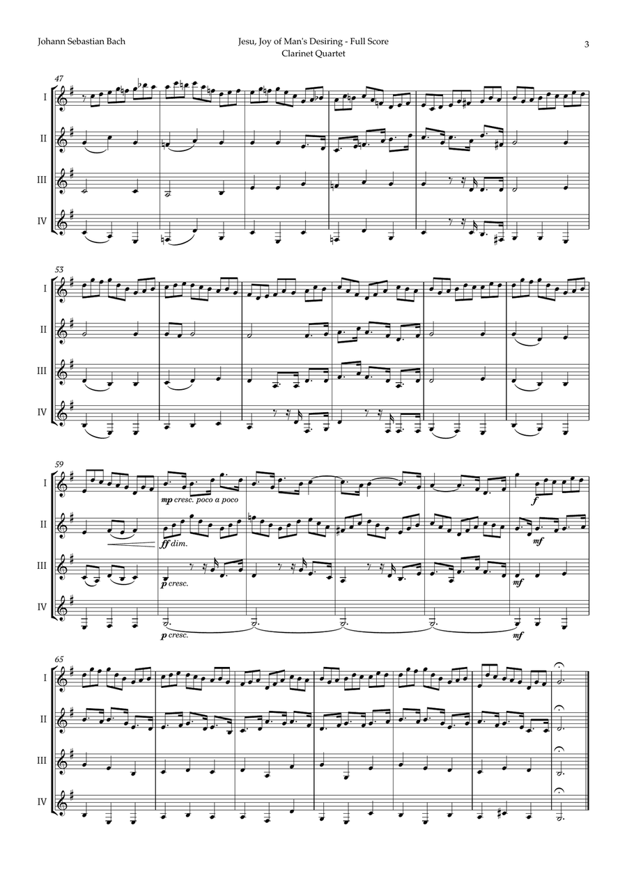 Jesu, Joy of Man's Desiring by Bach for Clarinet Quartet Clarinet Quartet scores gallery preview page 3