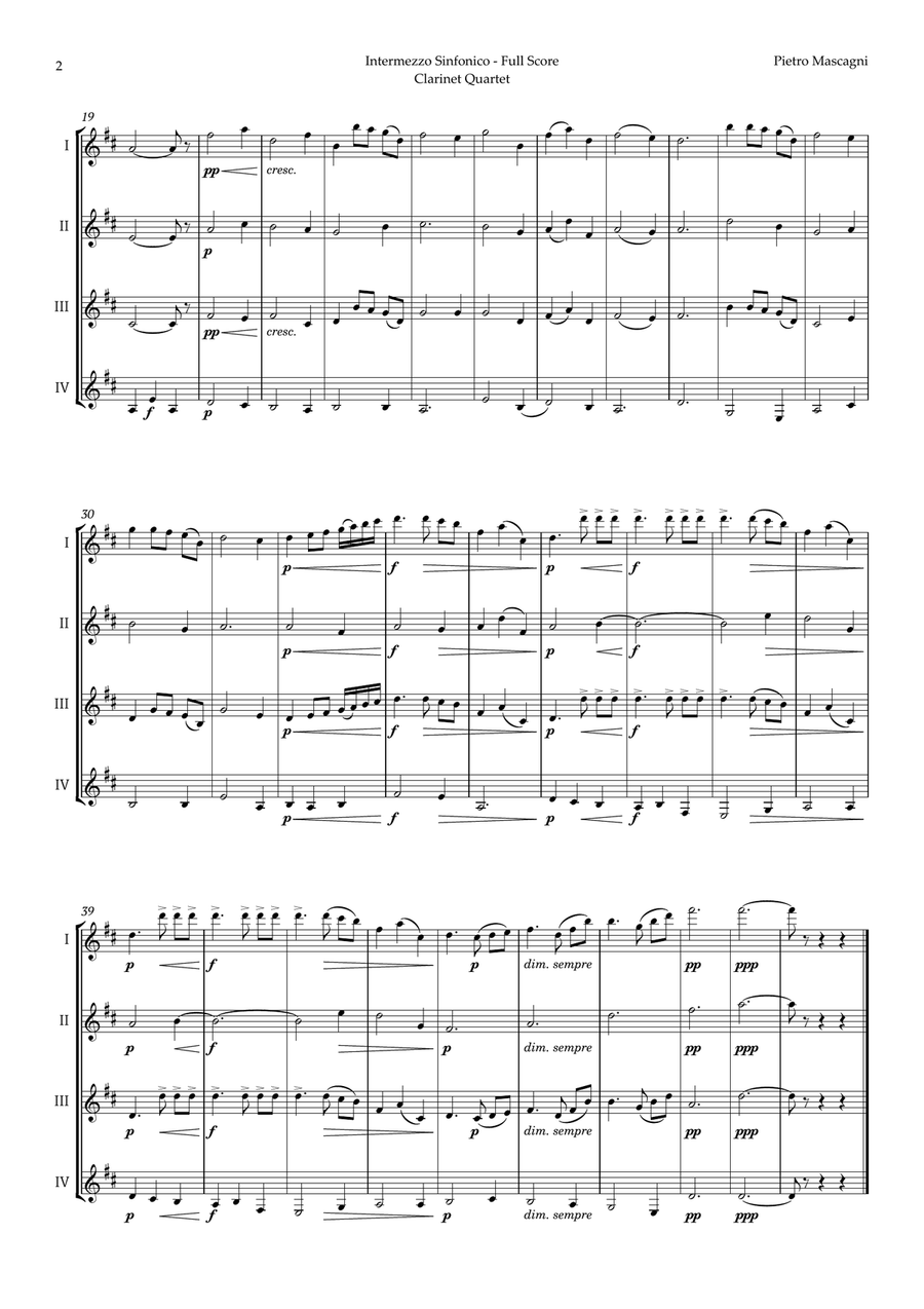 Intermezzo Sinfonico by Pietro Mascagni for Clarinet Quartet Clarinet Quartet scores gallery preview page 2