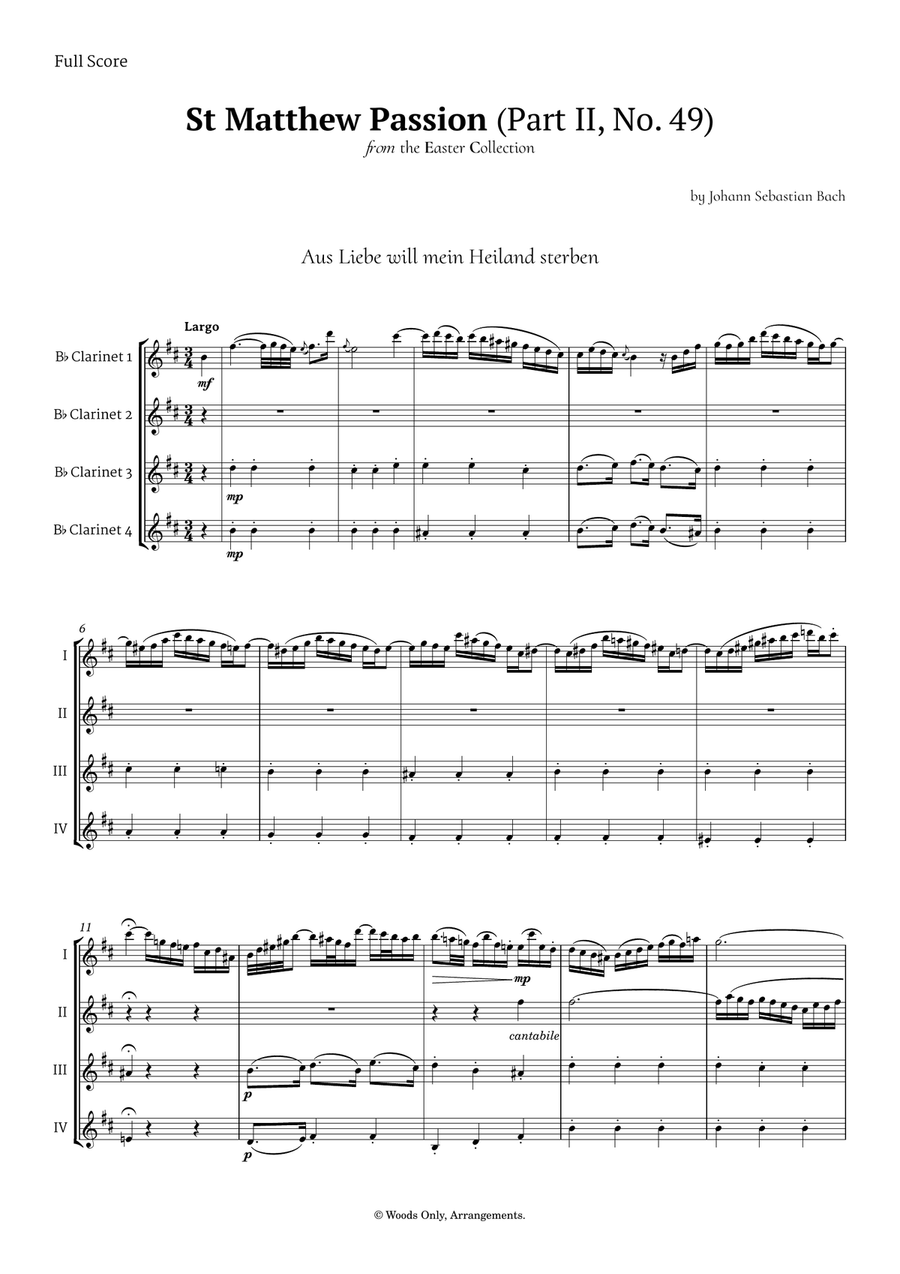 Aus Liebe will mein Heiland sterben by Bach for Clarinet Quartet Clarinet Quartet scores gallery preview page 1