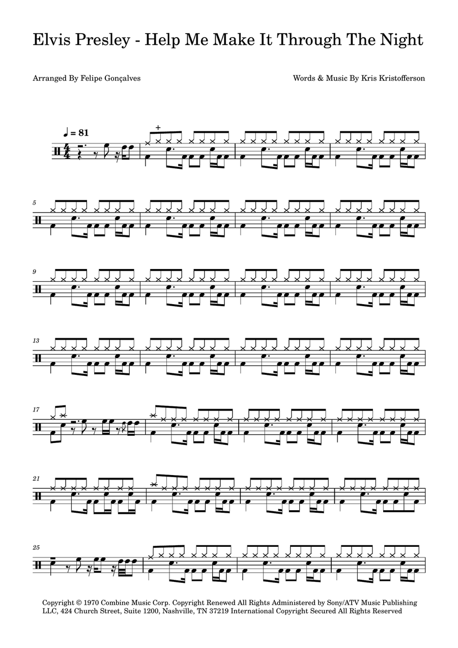 Help Me Make It Through The Night Drum Set scores gallery preview page 1