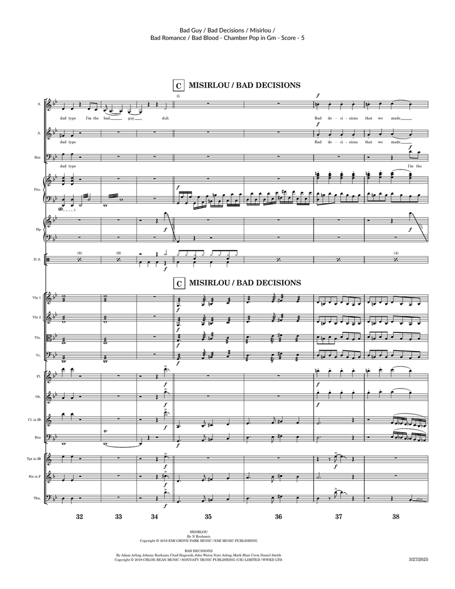 Medley: Bad Guy with Misirlou (Instr & Original Greek Lyr Version), Bad Decisions, Bad Romance, a... Large Ensemble scores gallery preview page 5