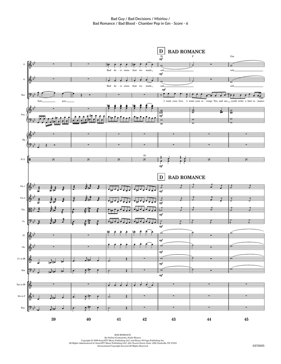 Medley: Bad Guy with Misirlou (Instr & Original Greek Lyr Version), Bad Decisions, Bad Romance, a... Large Ensemble scores gallery preview page 6