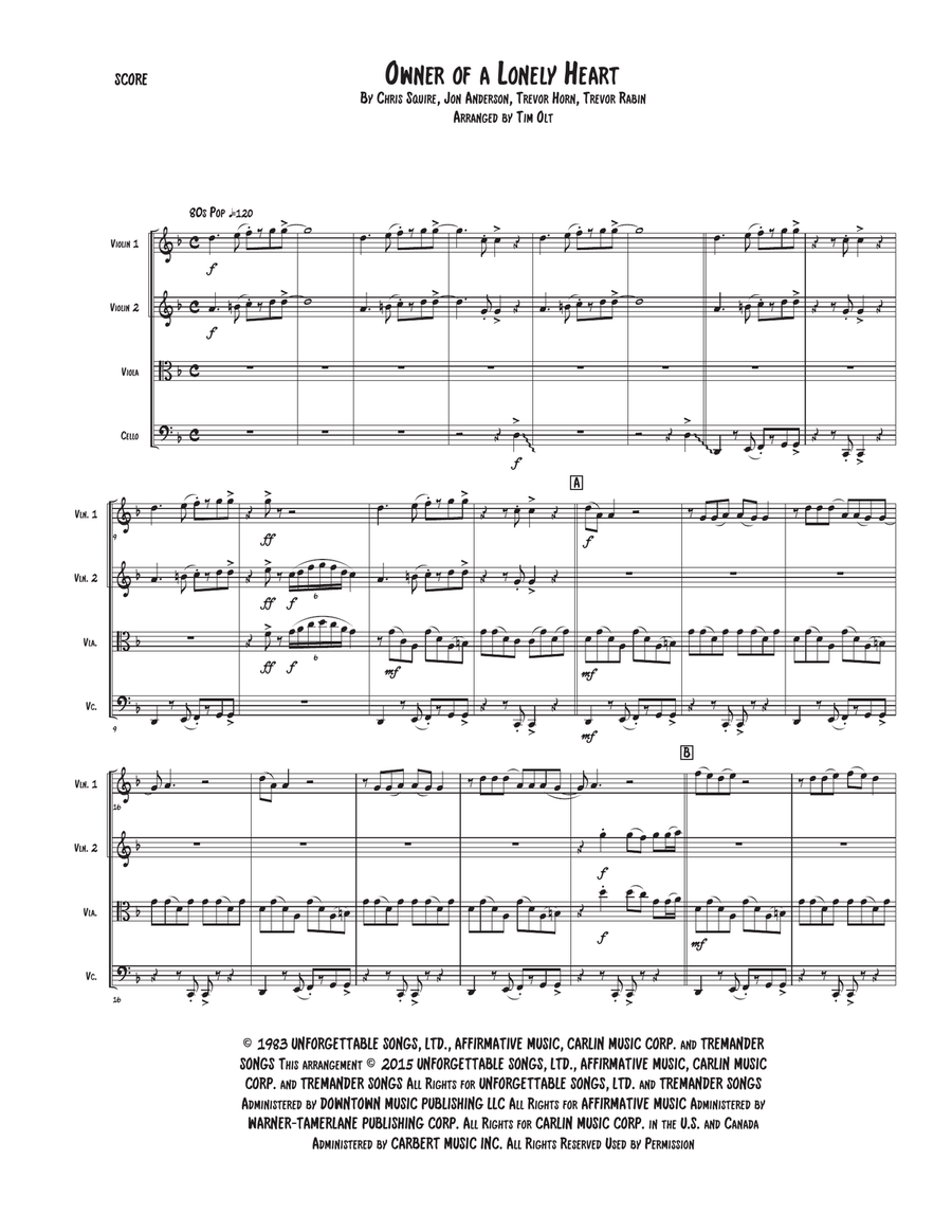 Owner Of A Lonely Heart String Quartet scores gallery preview page 1
