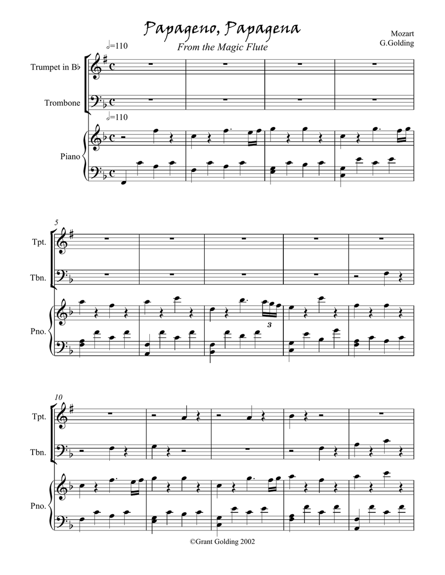 Papageno papagena aria from The Magic Flute Trombone scores gallery preview page 1