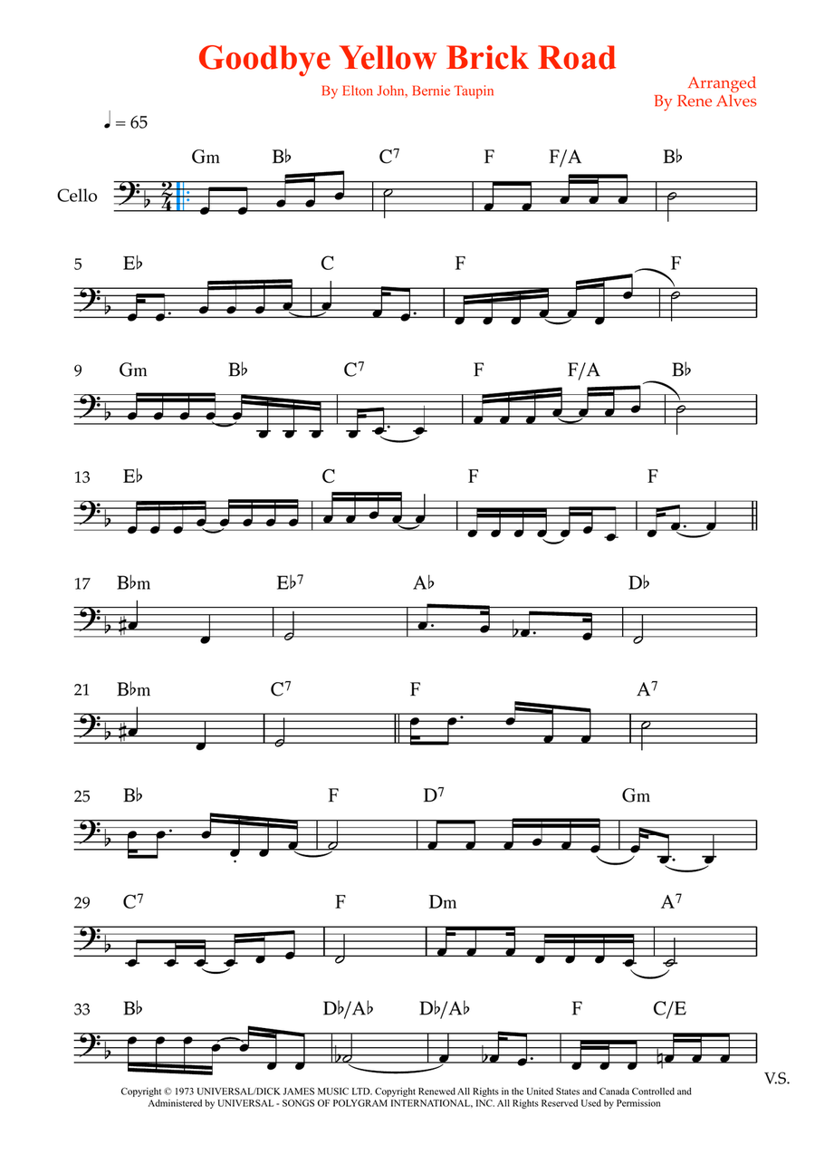 Goodbye Yellow Brick Road Cello Solo scores gallery preview page 1