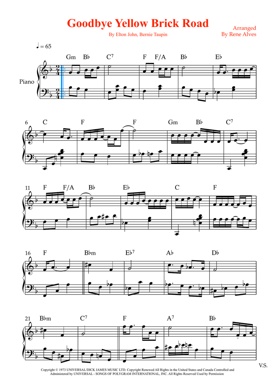 Goodbye Yellow Brick Road Easy Piano scores gallery preview page 1
