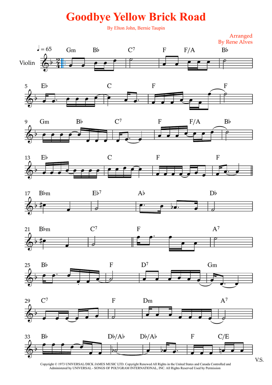 Goodbye Yellow Brick Road Violin Solo scores gallery preview page 1