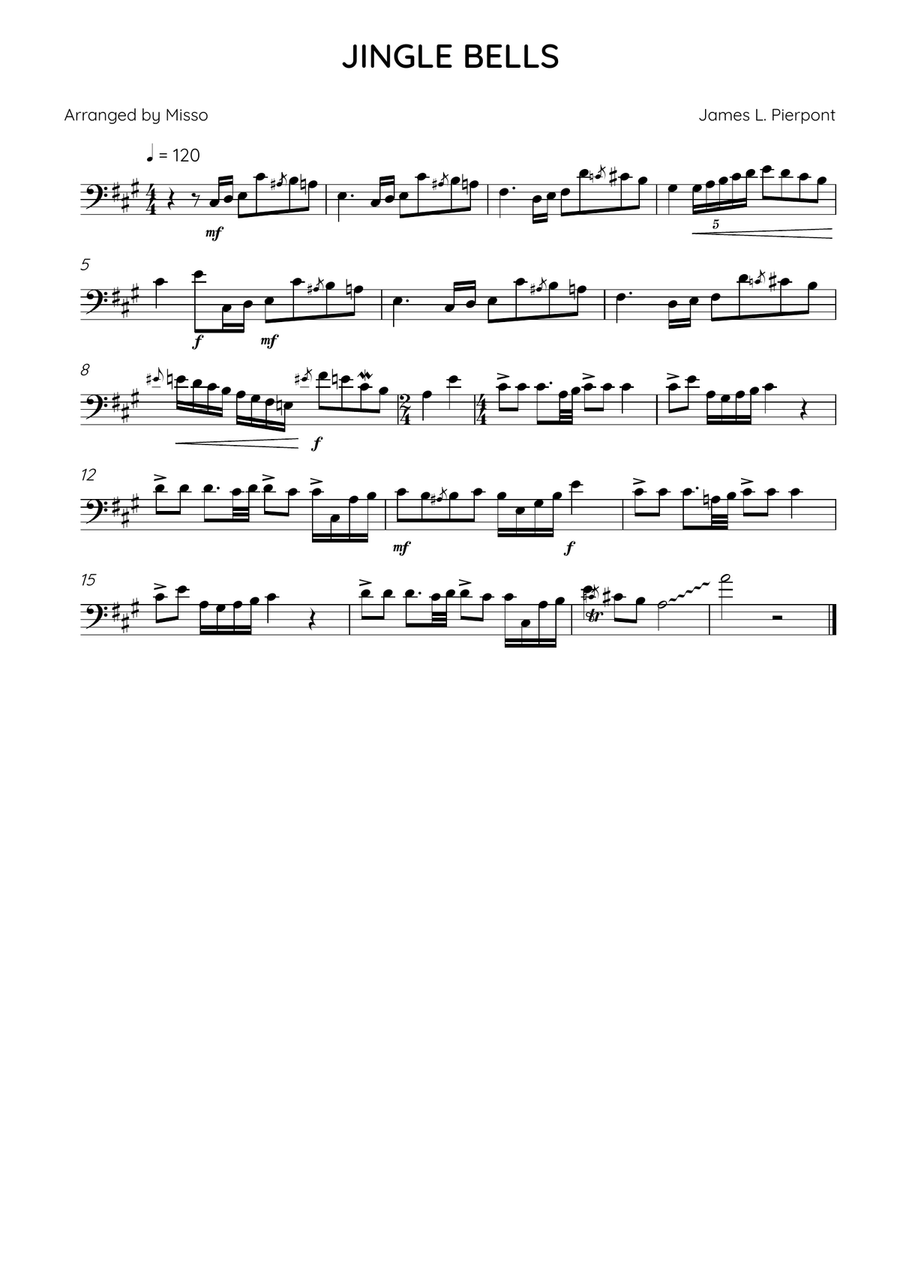 JINGLE BELLS - Cello Solo in G Major - Advanced Level Cello Solo scores gallery preview page 1