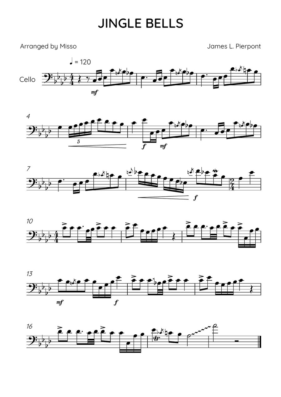 JINGLE BELLS - Cello Solo in Ab Major - Advanced Level Cello Solo scores gallery preview page 1