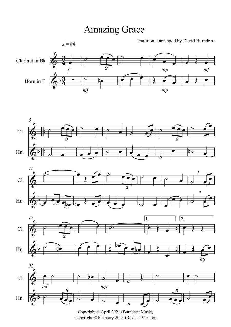 Amazing Grace for Clarinet and Horn Duet Woodwind Duet scores gallery preview page 1