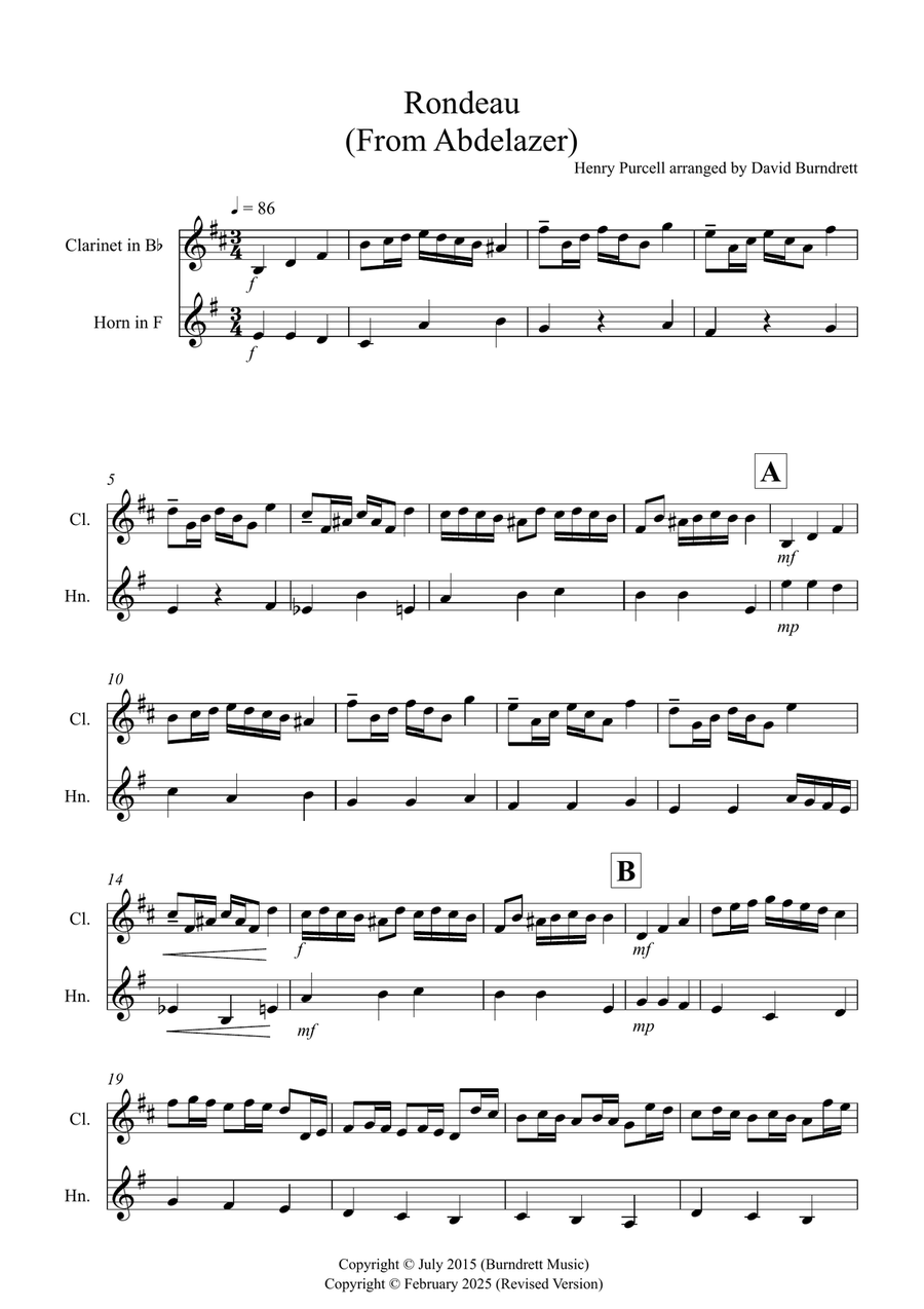 Rondeau (from Abdelazer) for Clarinet and Horn Duet Woodwind Duet scores gallery preview page 1