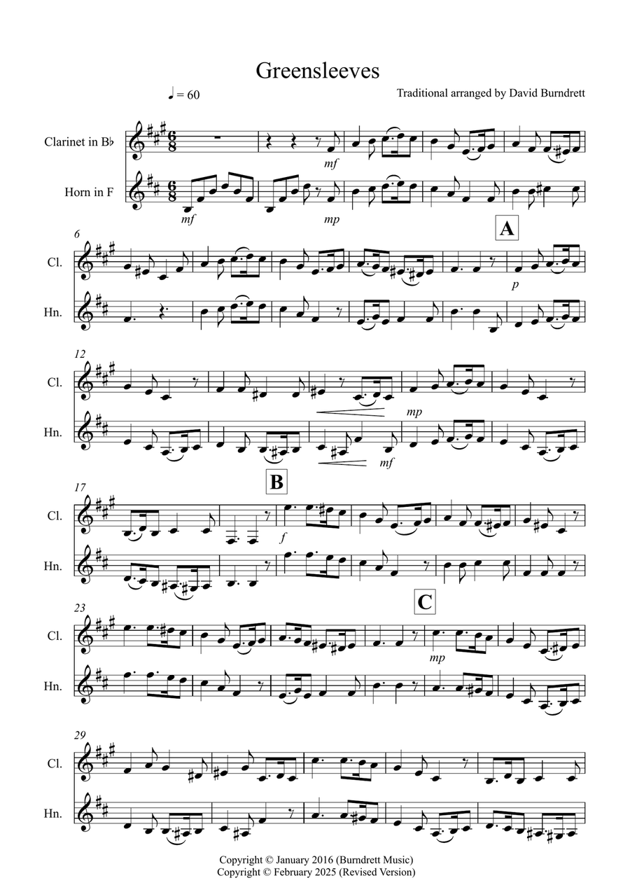 Greensleeves for Clarinet and Horn Duet Woodwind Duet scores gallery preview page 1
