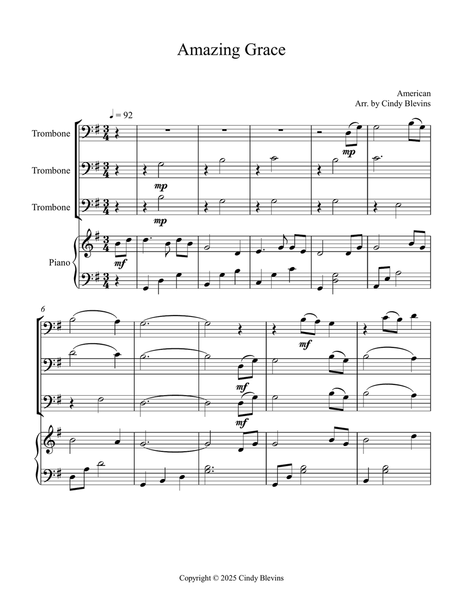 Amazing Grace, for Three Trombones and Piano Trombone Trio scores gallery preview page 2