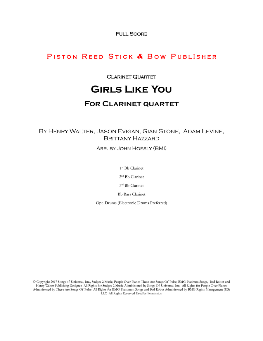 Girls Like You Clarinet Quartet scores gallery preview page 1