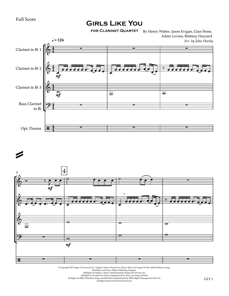 Girls Like You Clarinet Quartet scores gallery preview page 2