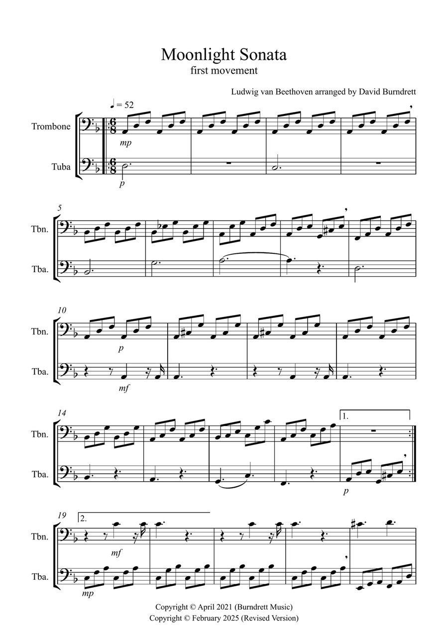 Moonlight Sonata for (1st movement) for Trombone and Tuba Duet Brass Duet scores gallery preview page 1