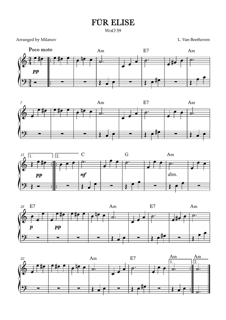 Fur Elise | WoO 59 | Beethoven | piano | easy | chords Easy Piano scores gallery preview page 1