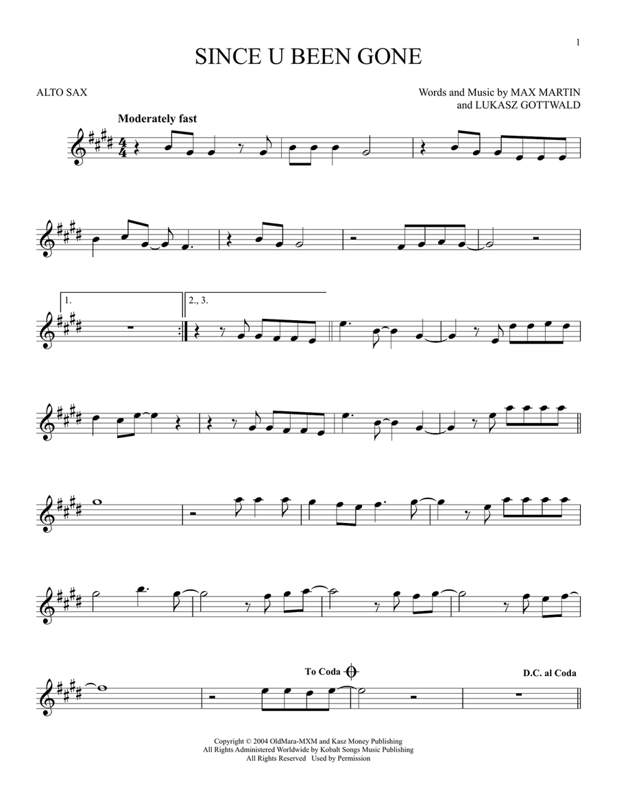 Since U Been Gone Since U Been Gone Alto Saxophone scores gallery preview page 1