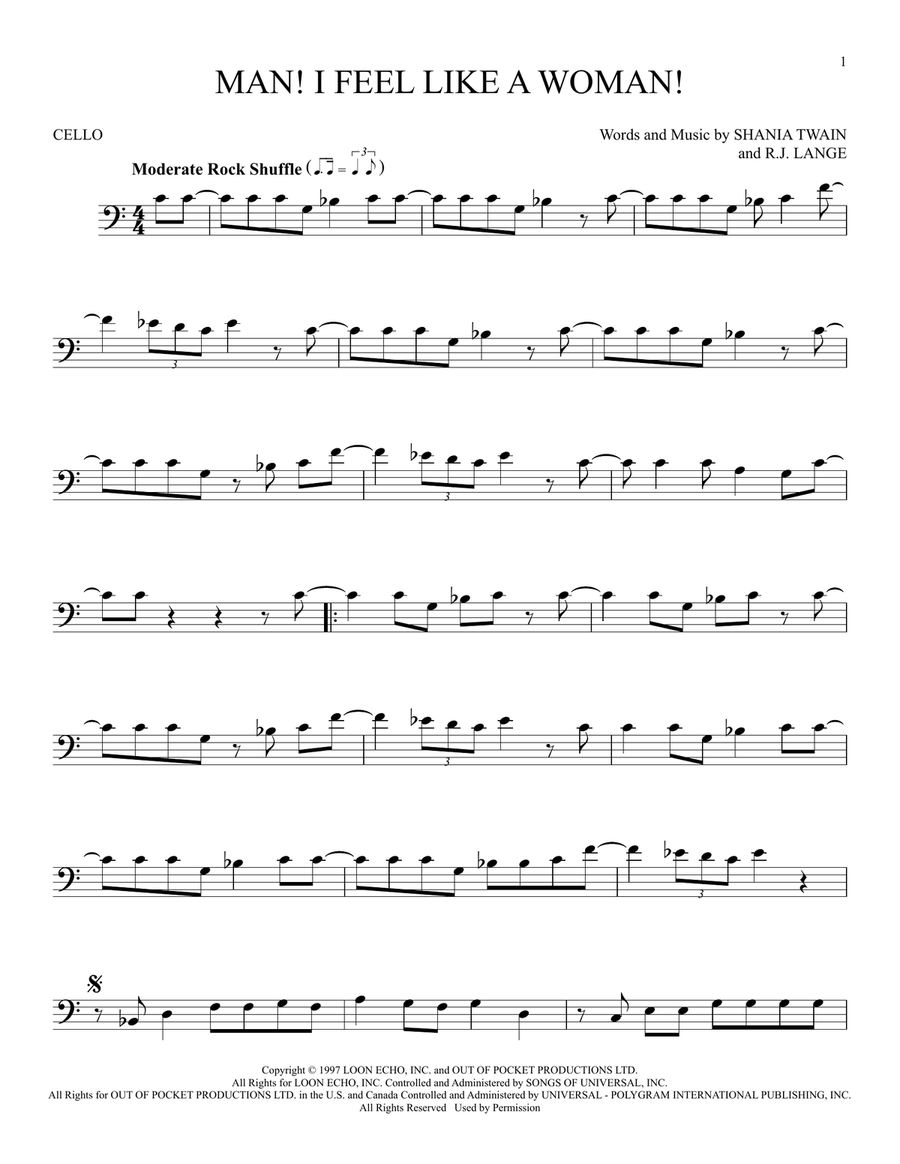 Man! I Feel Like A Woman! Cello Solo scores gallery preview page 1