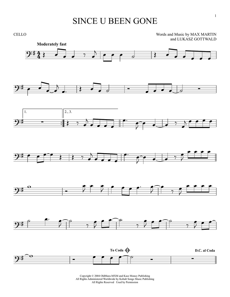 Since U Been Gone Since U Been Gone Cello Solo scores gallery preview page 1