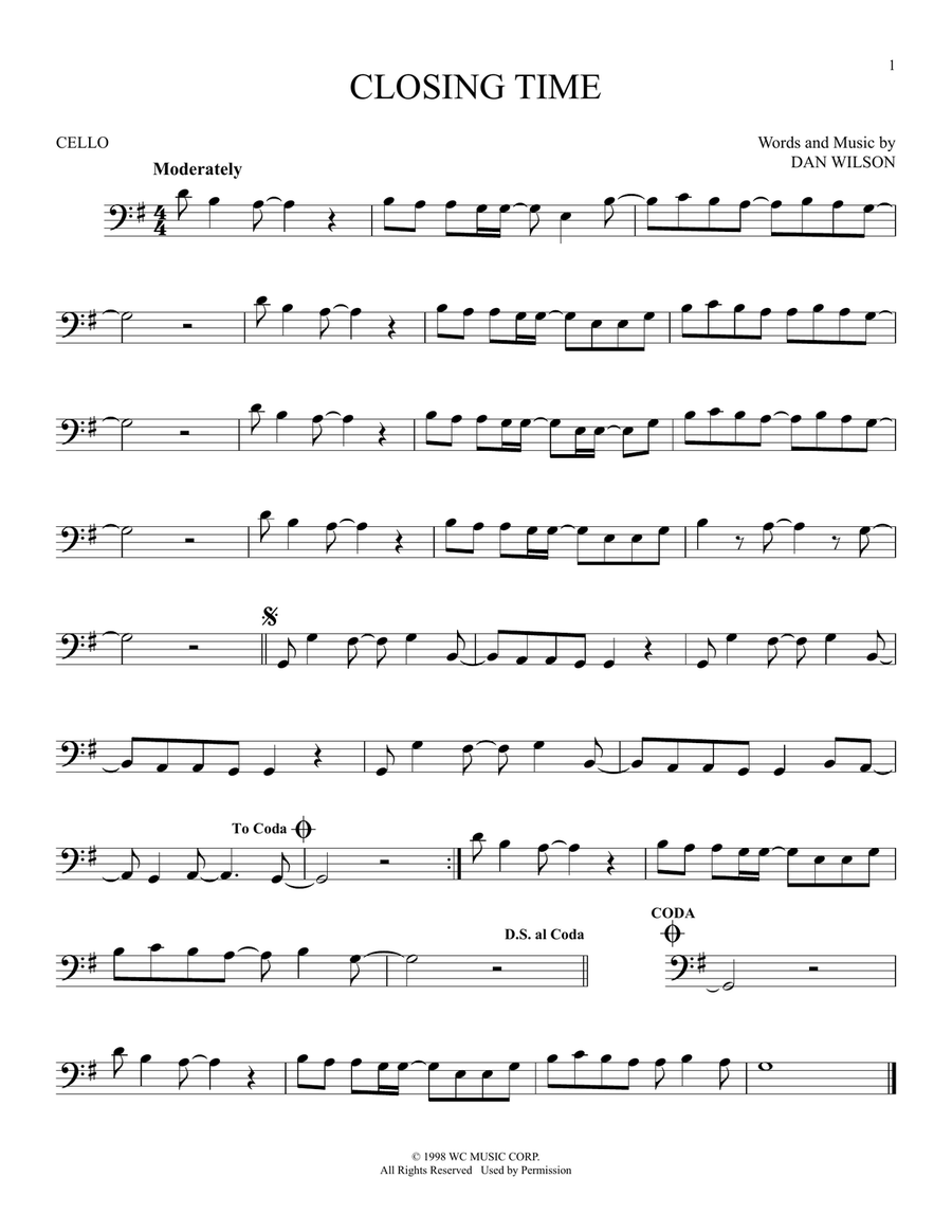 Closing Time Closing Time Cello Solo scores gallery preview page 1