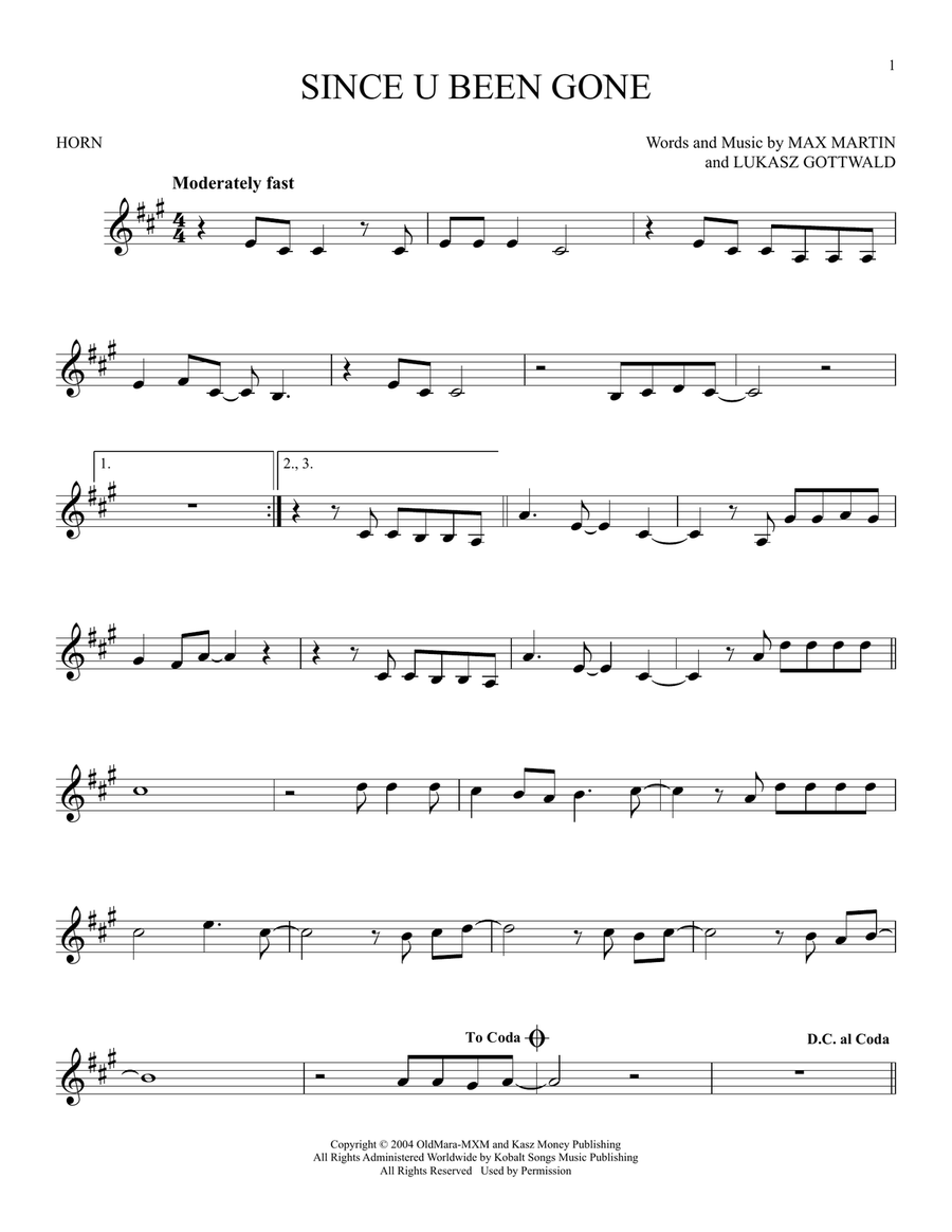 Since U Been Gone Since U Been Gone Horn Solo scores gallery preview page 1