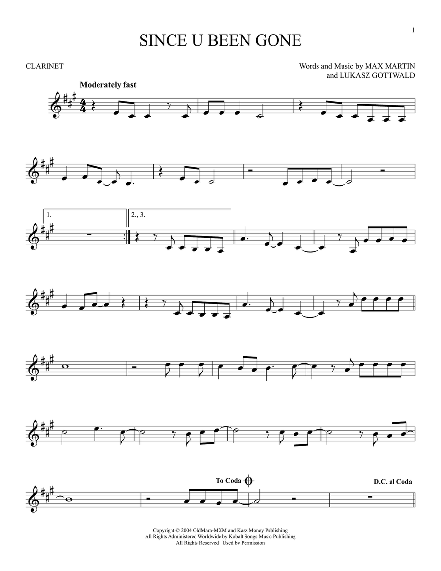 Since U Been Gone Since U Been Gone Clarinet Solo scores gallery preview page 1