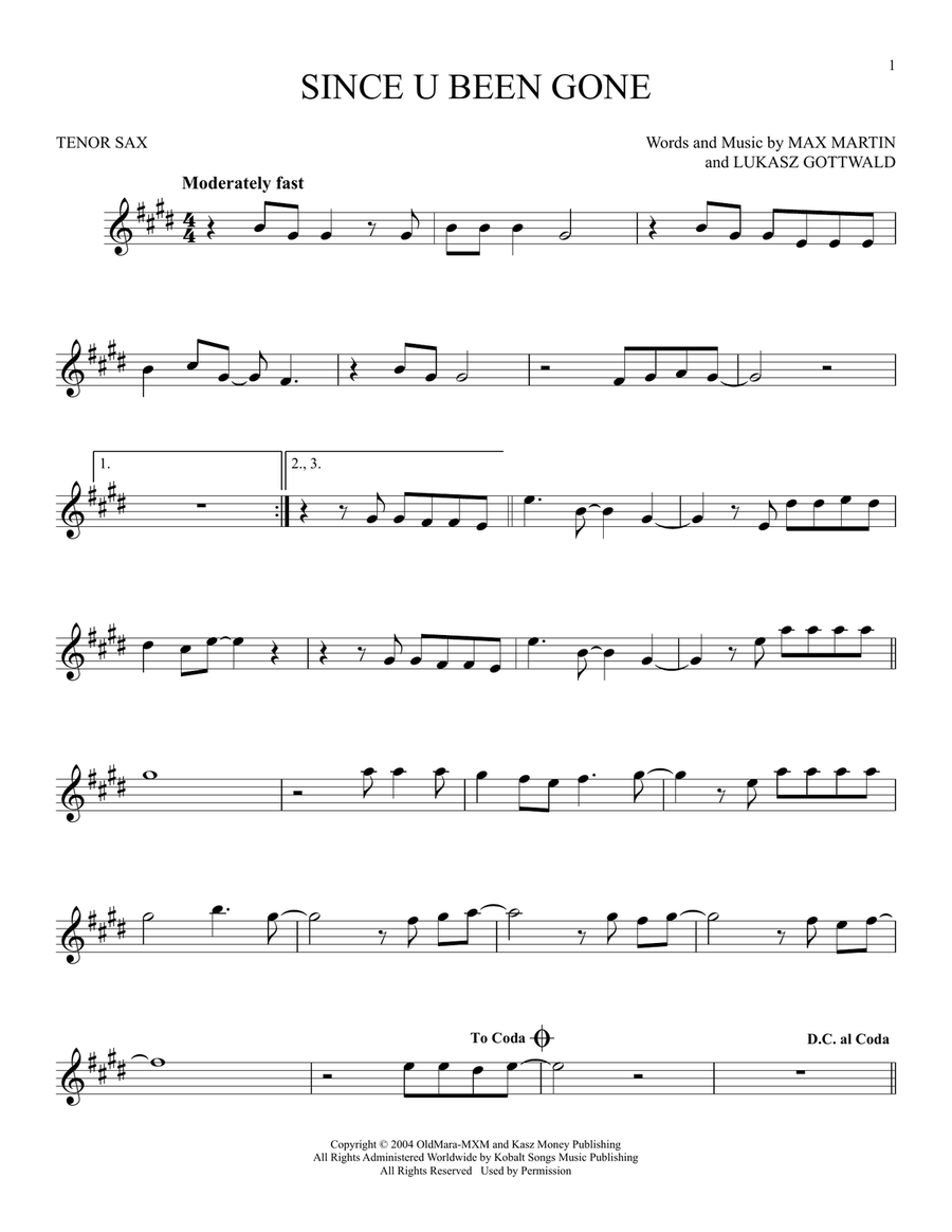 Since U Been Gone Since U Been Gone Tenor Saxophone scores gallery preview page 1