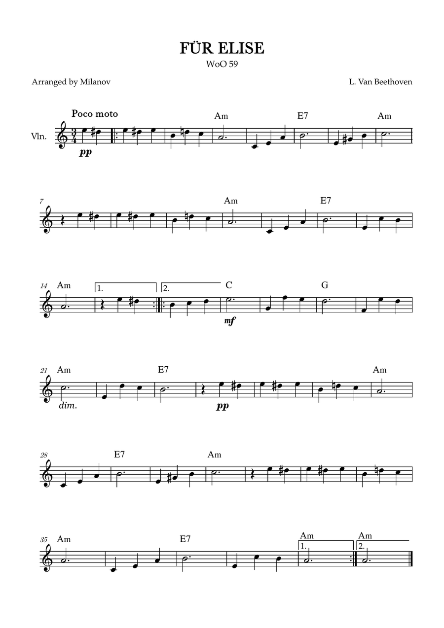 Fur Elise | WoO 59 | Beethoven | violin | easy | chords Violin Solo scores gallery preview page 1
