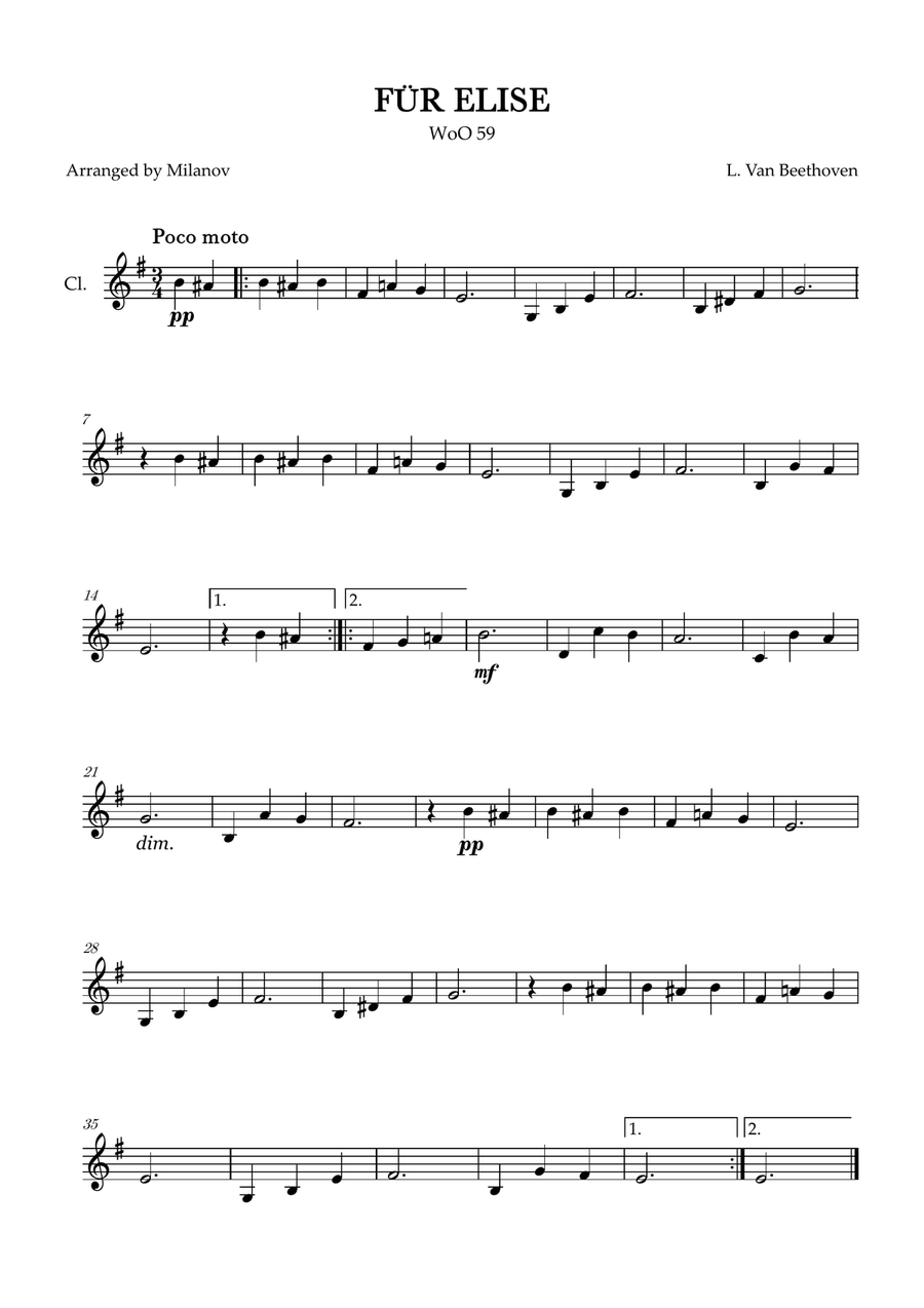 Fur Elise | WoO 59 | Beethoven | clarinet | easy | D minor B-Flat Clarinet scores gallery preview page 1