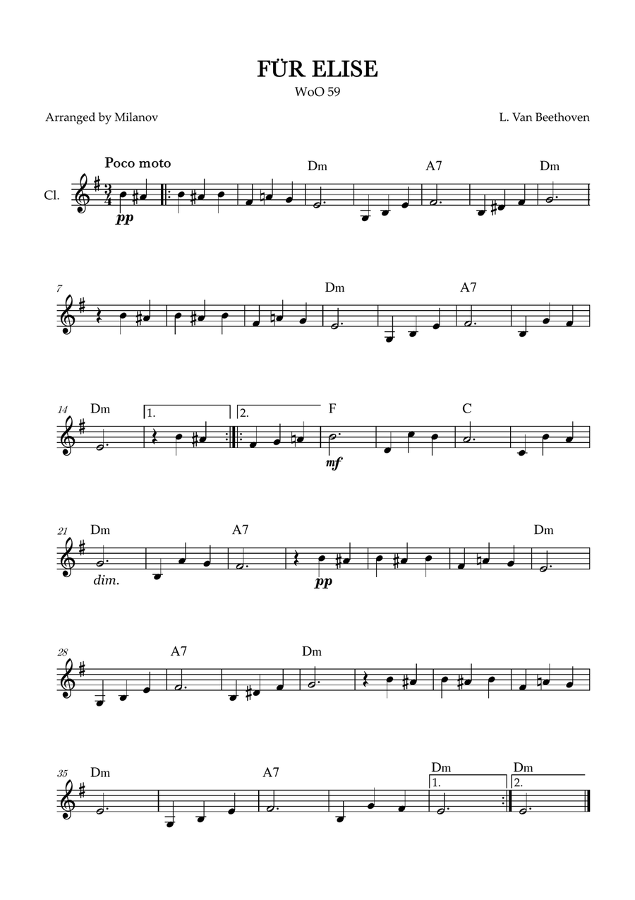 Fur Elise | WoO 59 | Beethoven | clarinet | easy | chords | D minor B-Flat Clarinet scores gallery preview page 1