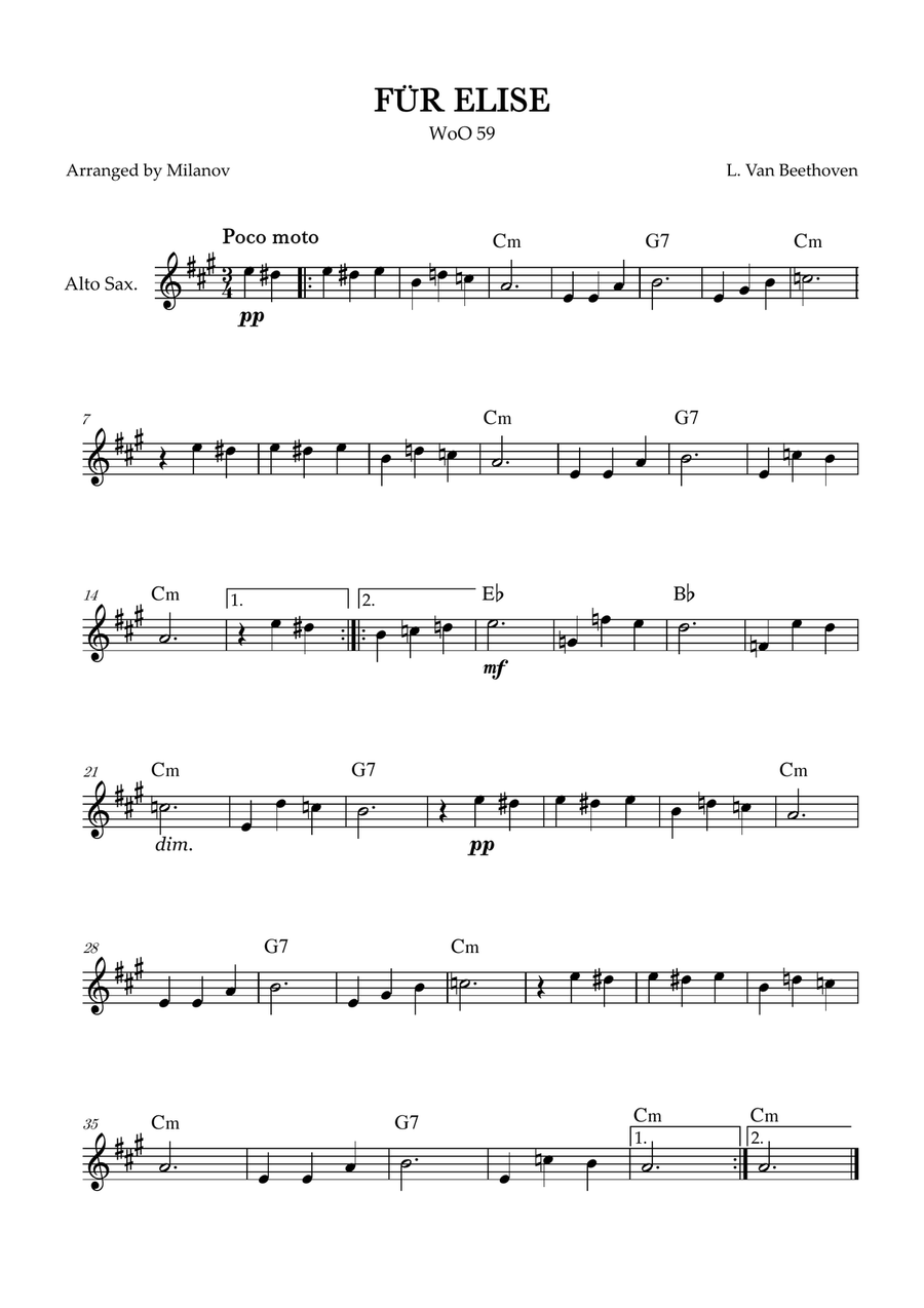 Fur Elise | WoO 59 | Beethoven | alto sax | easy | chords | C minor Alto Saxophone scores gallery preview page 1