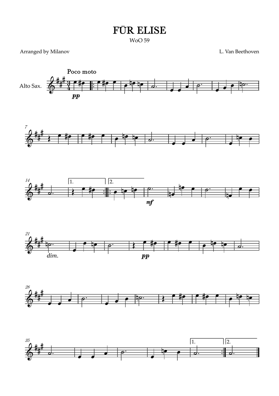 Fur Elise | WoO 59 | Beethoven | alto sax | easy | C minor Alto Saxophone scores gallery preview page 1