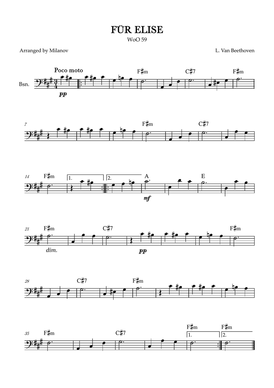 Fur Elise | WoO 59 | Beethoven | bassoon | easy | chords | F# minor Bassoon Solo scores gallery preview page 1
