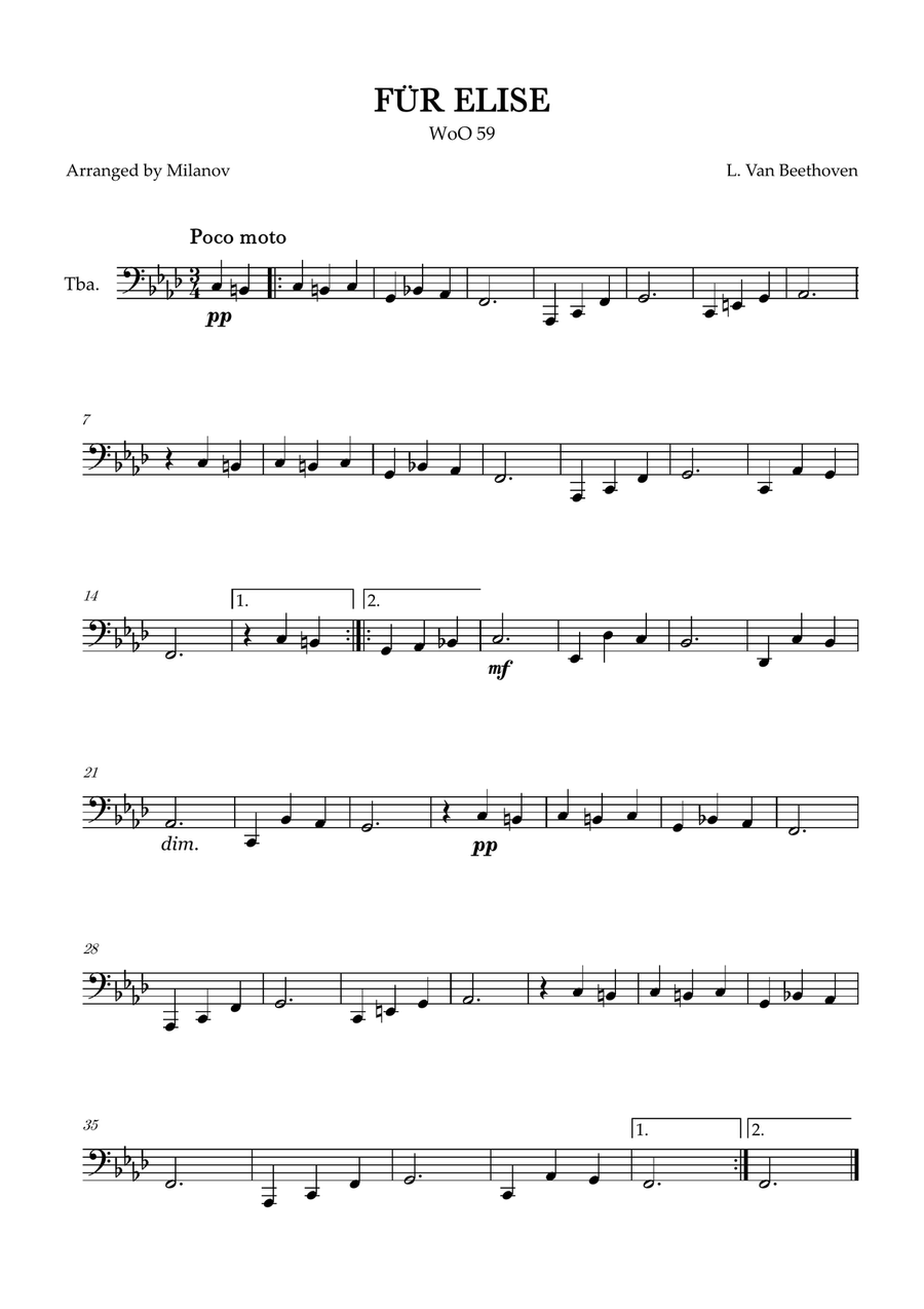 Fur Elise | WoO 59 | Beethoven | tuba | easy | F minor Tuba scores gallery preview page 1