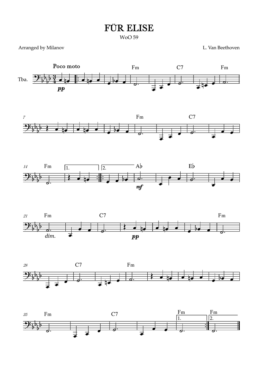 Fur Elise | WoO 59 | Beethoven | tuba | easy | chords | F minor Tuba scores gallery preview page 1