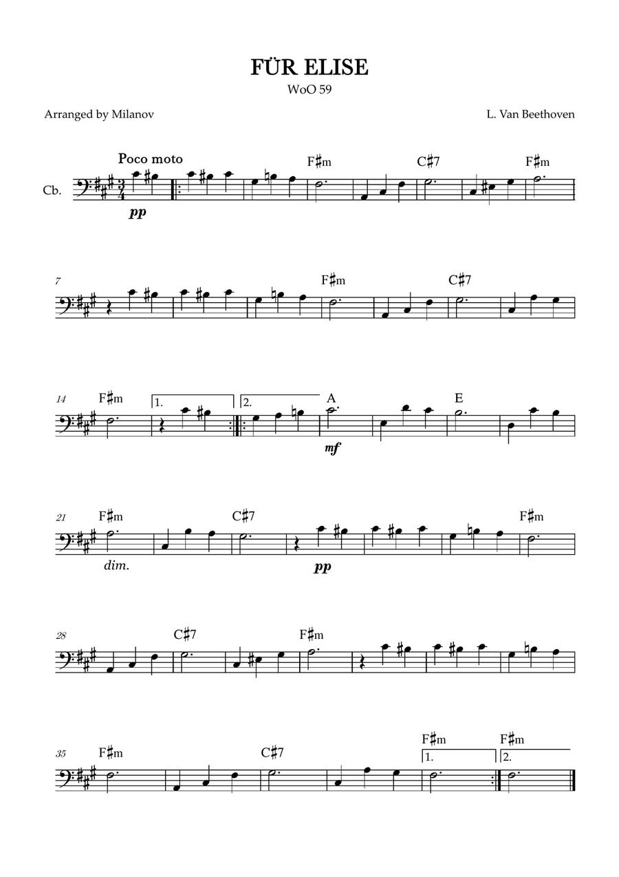 Fur Elise | WoO 59 | Beethoven | contrabass | easy | chords | F# minor Double Bass scores gallery preview page 1