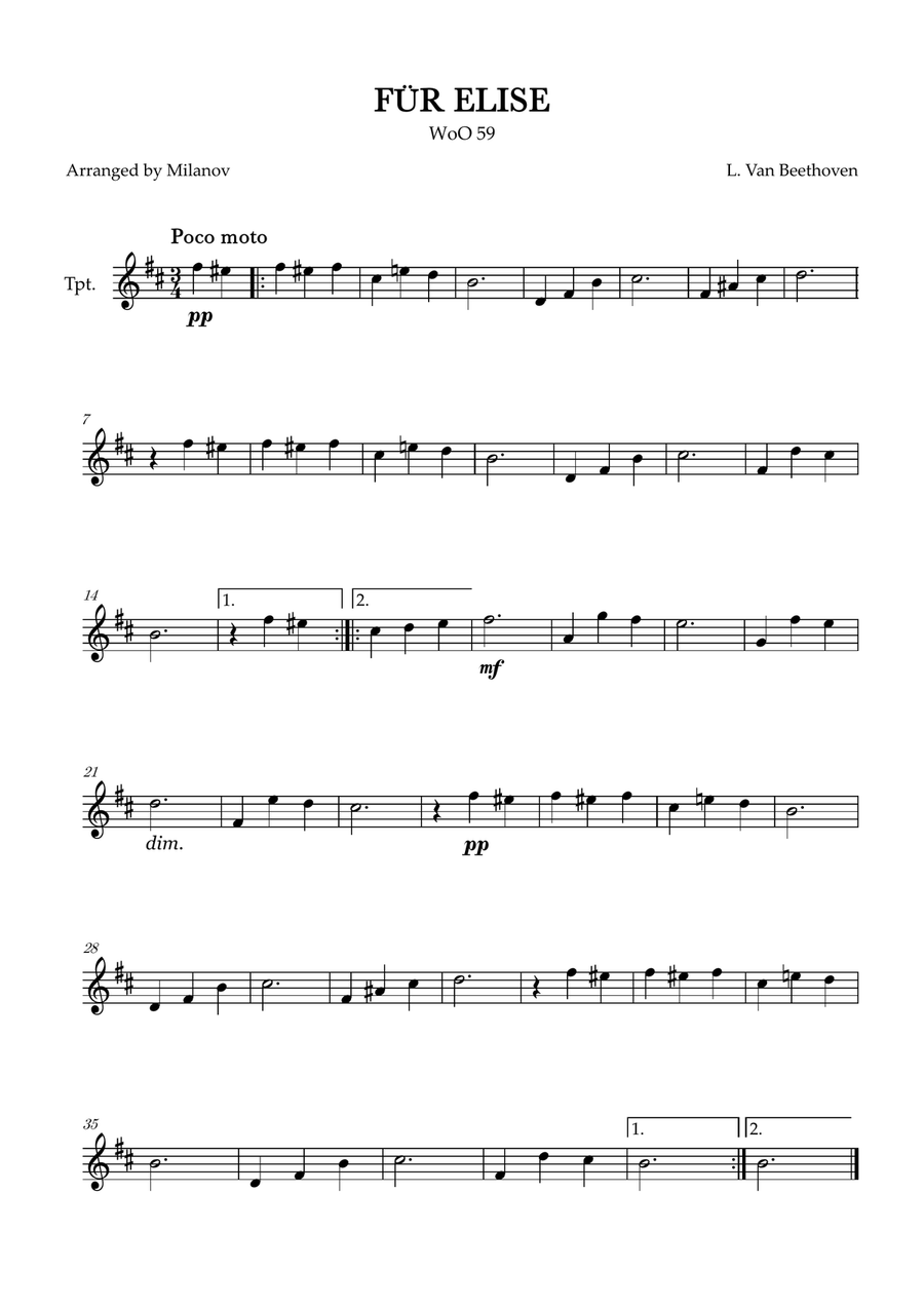 Fur Elise | WoO 59 | Beethoven | trumpet | intermediate B-Flat Trumpet scores gallery preview page 1