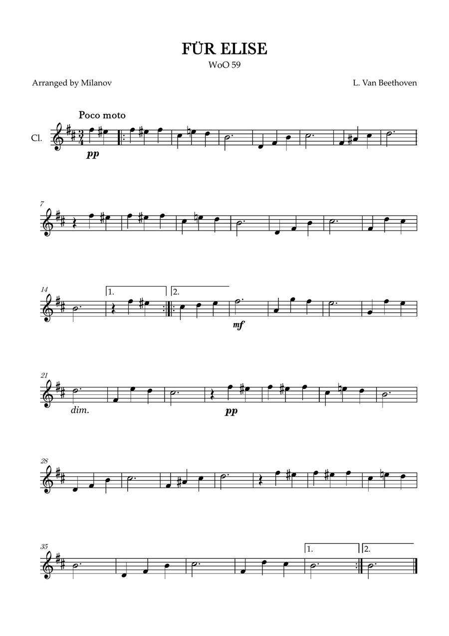 Fur Elise | WoO 59 | Beethoven | clarinet | easy intermediate B-Flat Clarinet scores gallery preview page 1