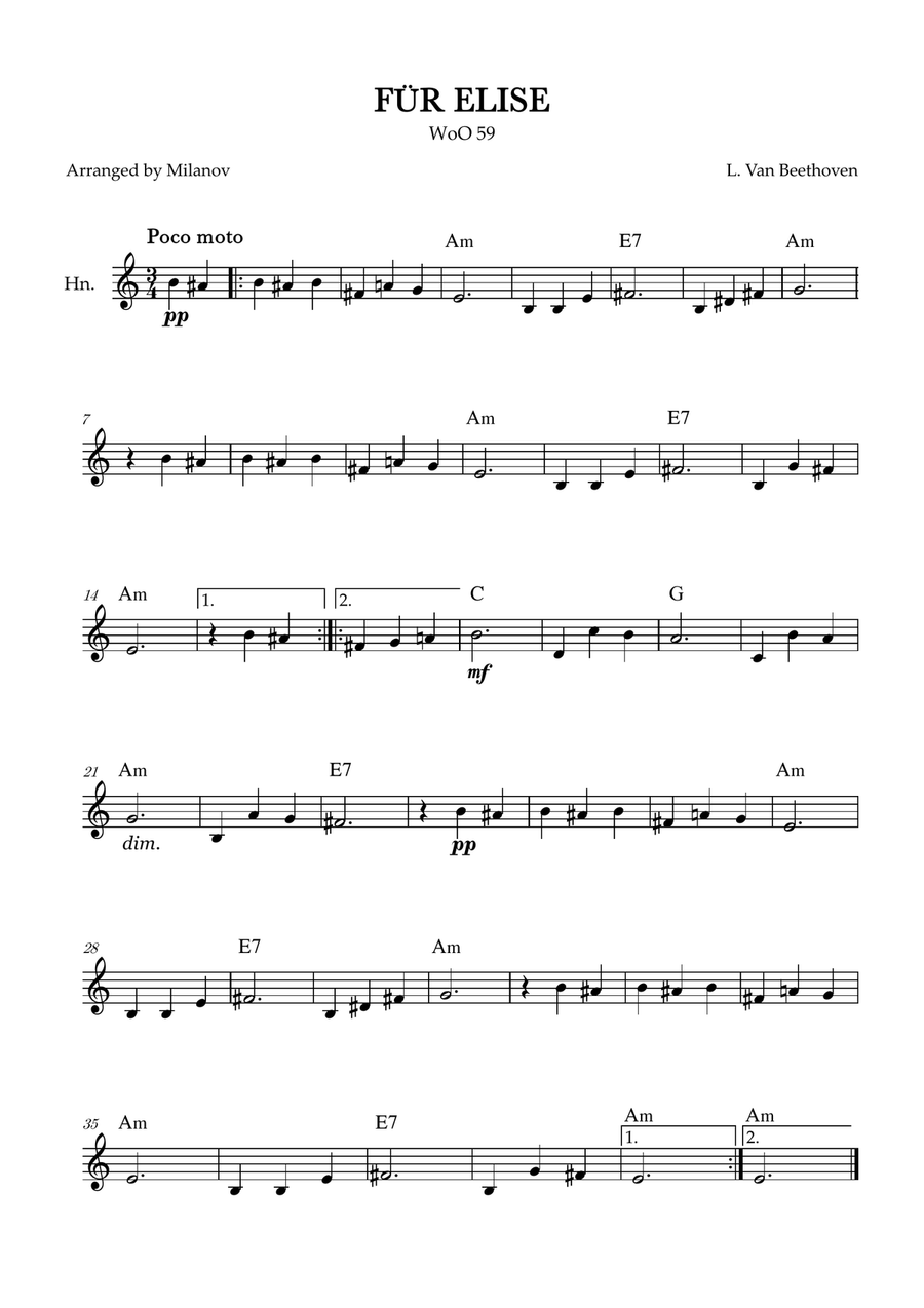 Fur Elise | WoO 59 | Beethoven | french horn | easy | chords Horn Solo scores gallery preview page 1