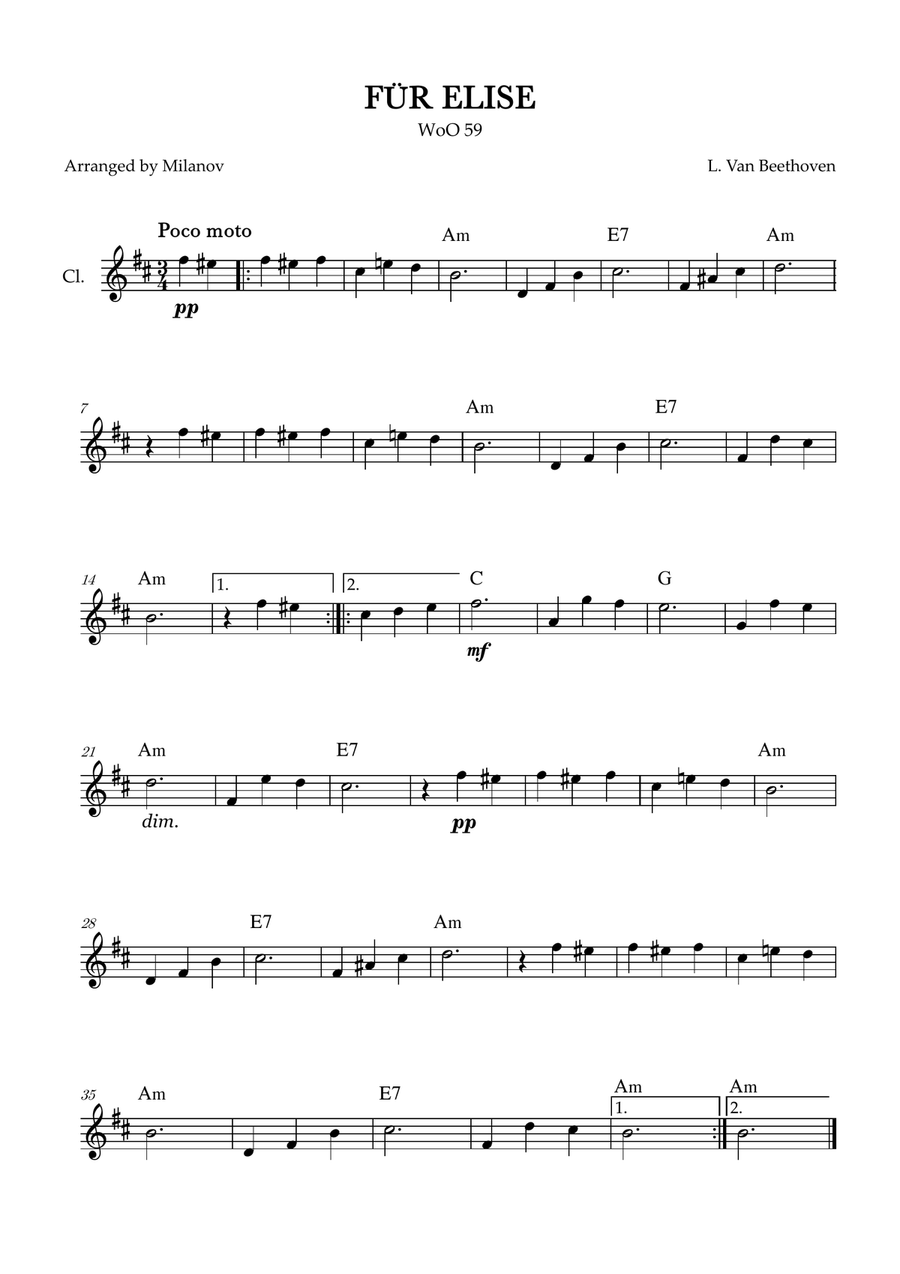 Fur Elise | WoO 59 | Beethoven | clarinet | easy intermediate | chords B-Flat Clarinet scores gallery preview page 1