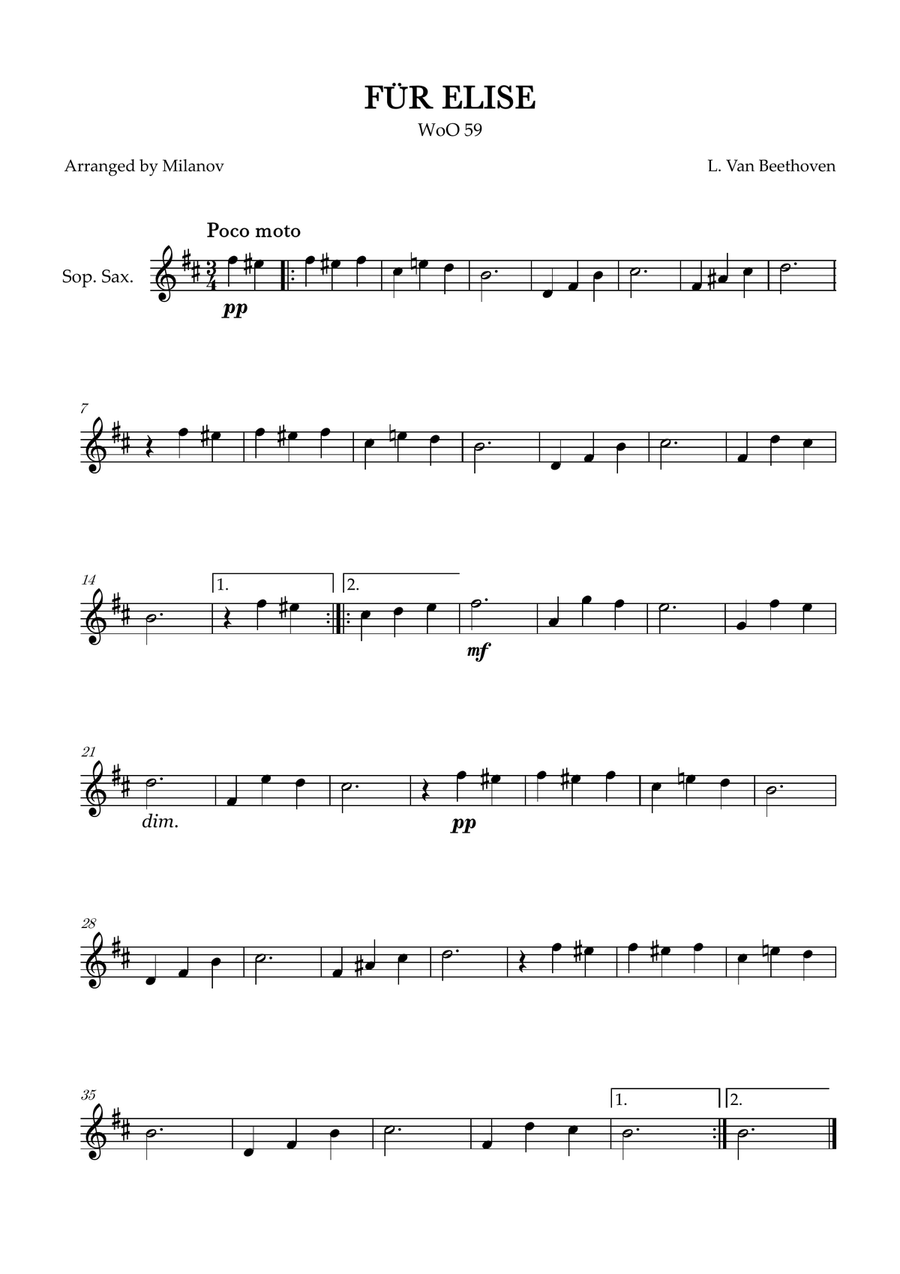 Fur Elise | WoO 59 | Beethoven | soprano sax | intermediate Soprano Saxophone scores gallery preview page 1