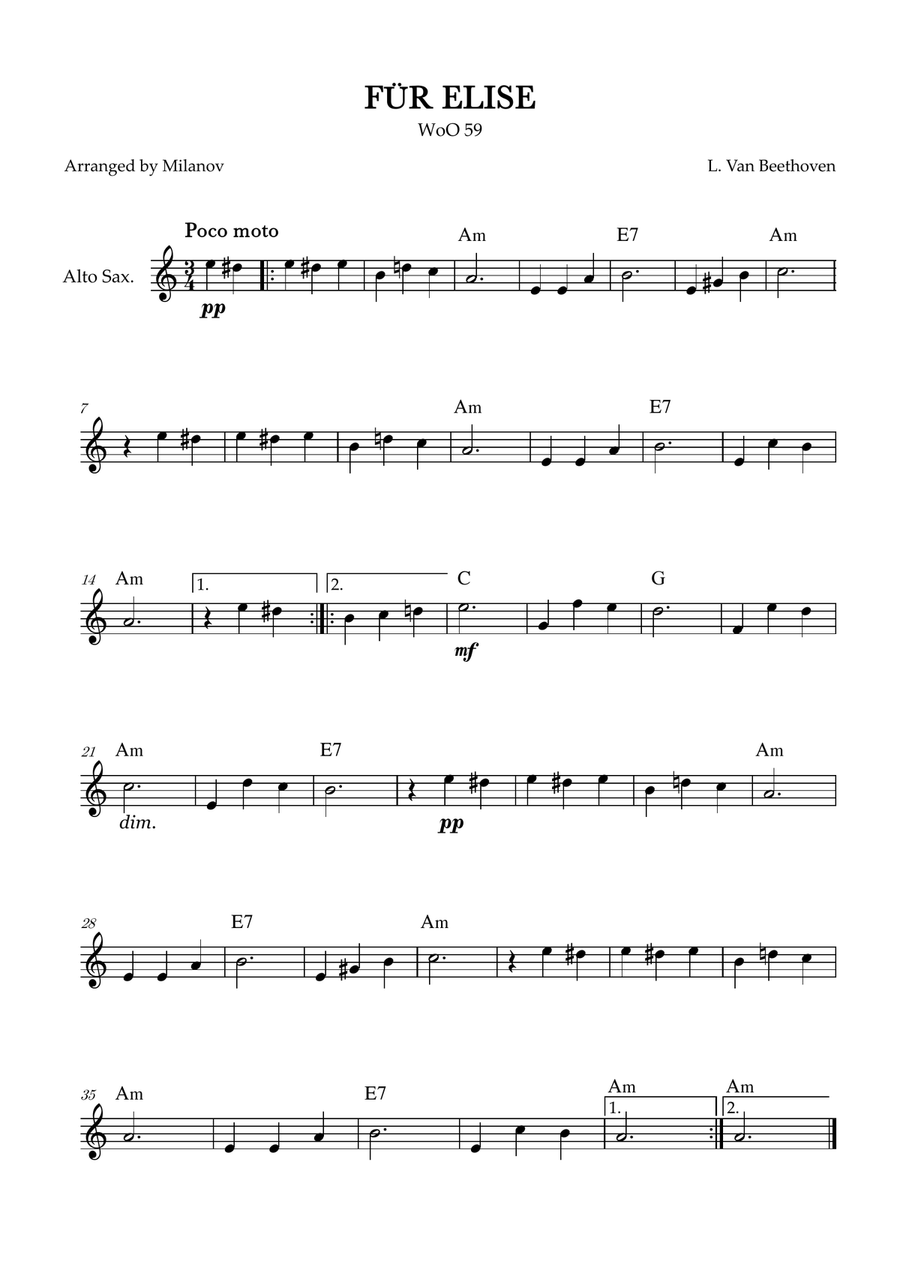 Fur Elise | WoO 59 | Beethoven | alto sax | easy | chords Alto Saxophone scores gallery preview page 1