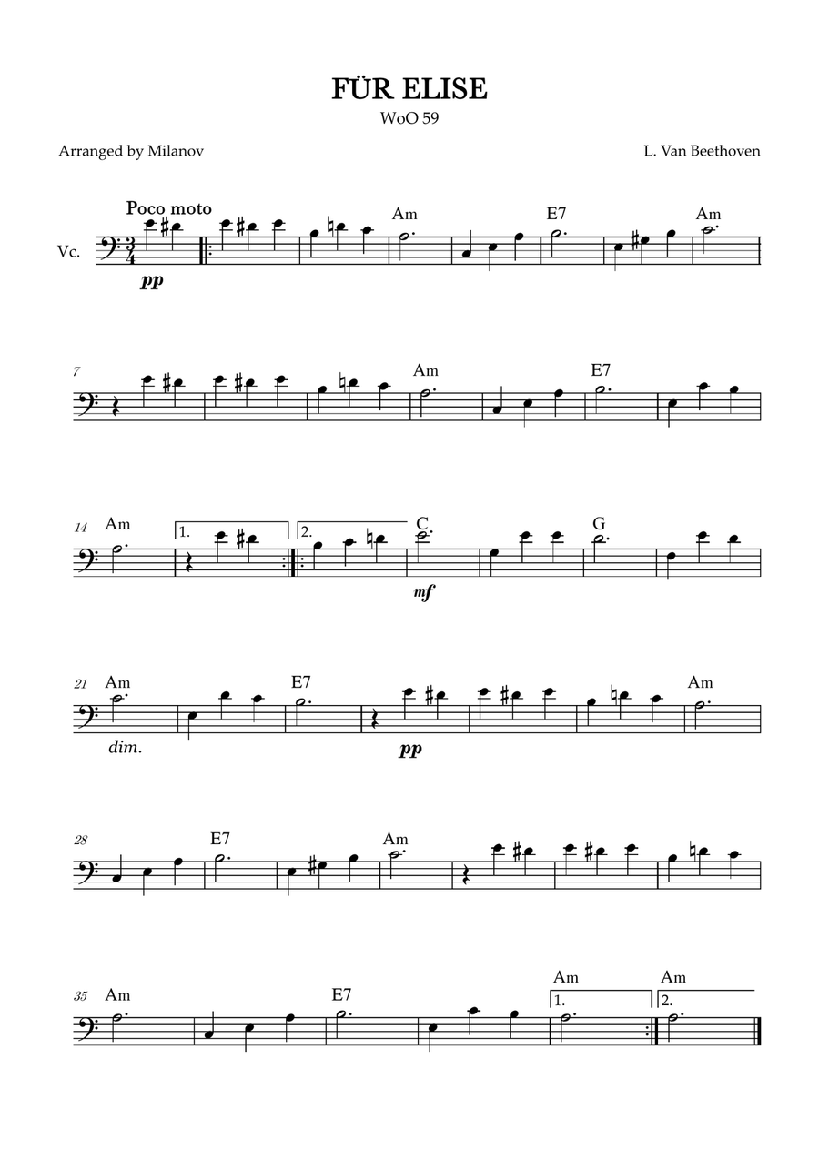 Fur Elise | WoO 59 | Beethoven | cello | easy intermediate | chords Cello Solo scores gallery preview page 1