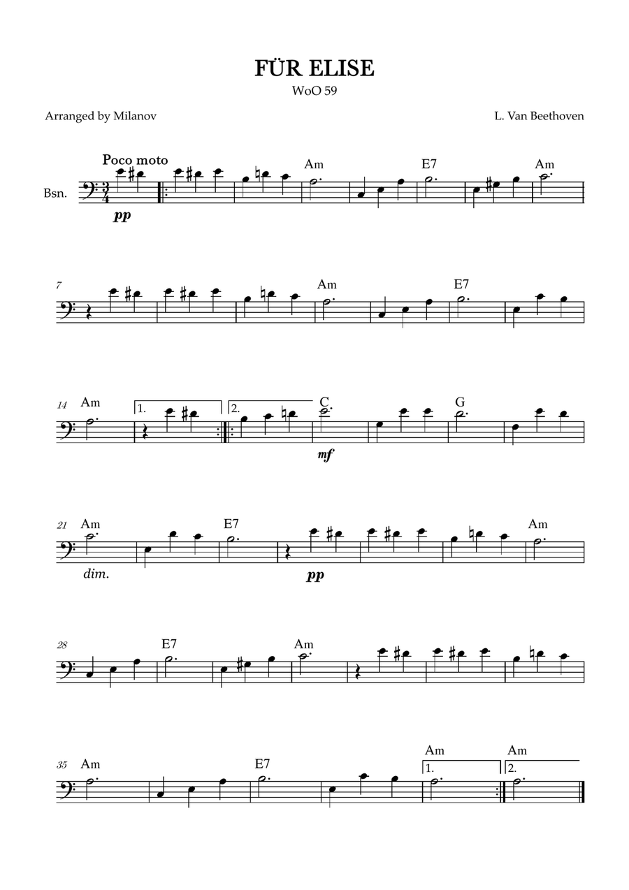 Fur Elise | WoO 59 | Beethoven | bassoon | easy intermediate | chords Bassoon Solo scores gallery preview page 1