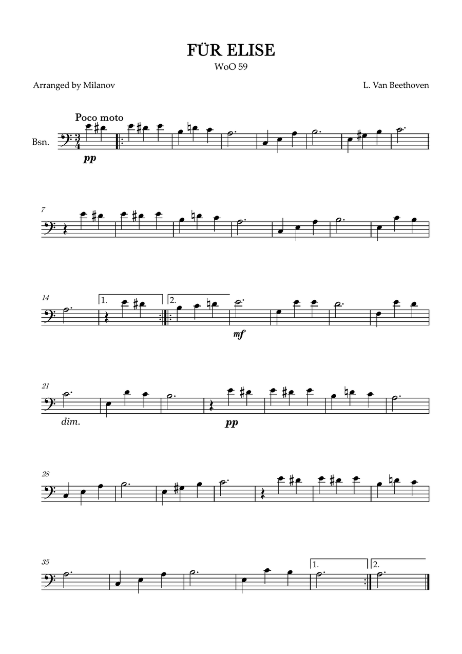 Fur Elise | WoO 59 | Beethoven | bassoon | easy intermediate Bassoon Solo scores gallery preview page 1
