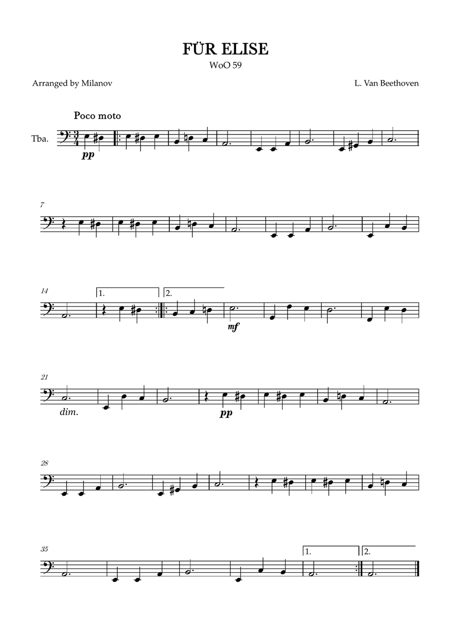 Fur Elise | WoO 59 | Beethoven | tuba | intermediate Tuba scores gallery preview page 1